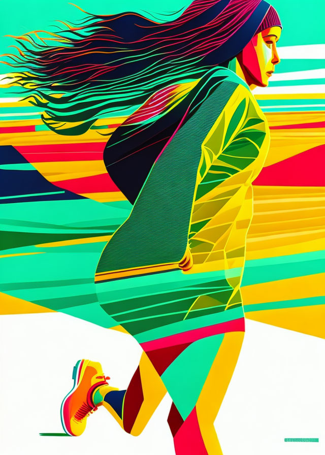 Colorful Illustration: Woman Running with Dynamic Shapes