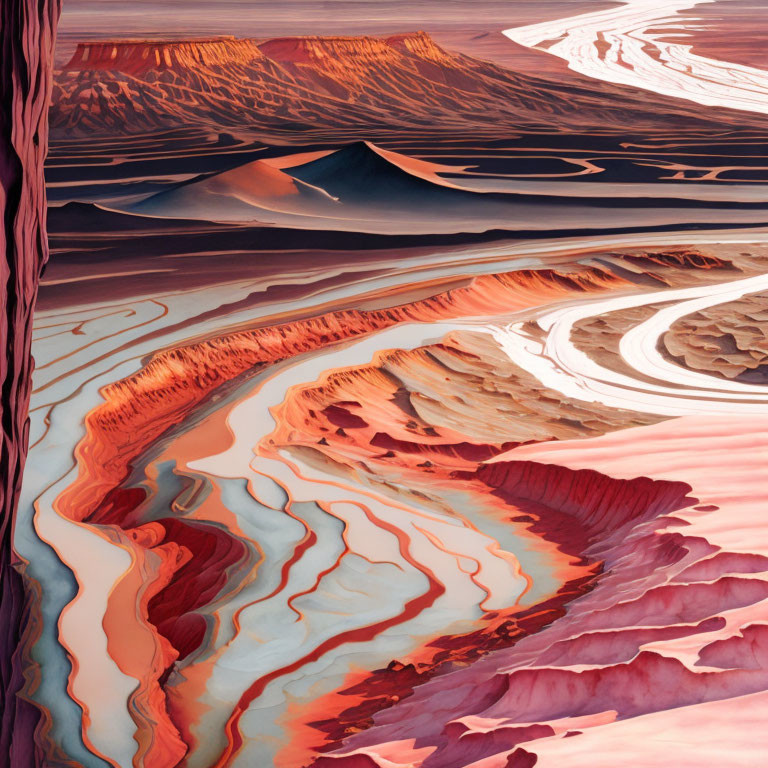 Vibrant red, pink, and white surreal landscape with flowing patterns