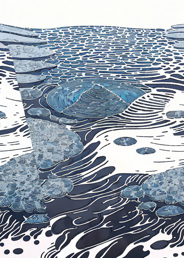 Abstract blue and white water waves illustration with intricate line work