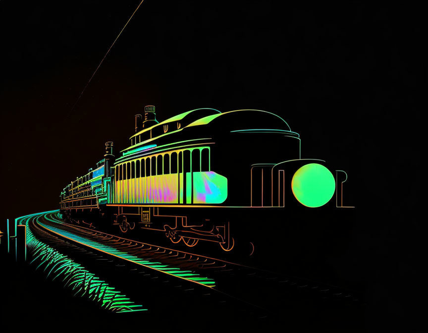 Vibrant neon outline of classic train on tracks in dark background