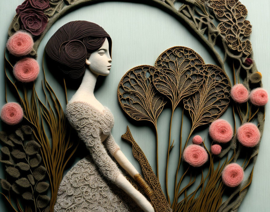 Circular Frame 3D Paper Art Woman in Dress with Flora Illustration