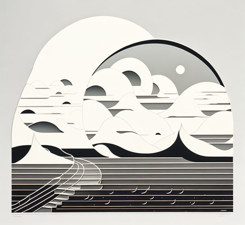 Monochromatic artwork: Layered hills, clouds, sun/moon, railway tracks