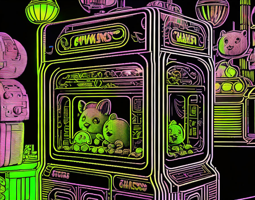 Arcade machines with teddy bear designs in neon glow