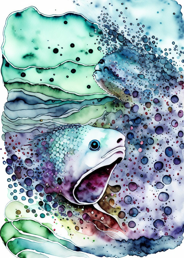 Colorful watercolor painting of fish in abstract style