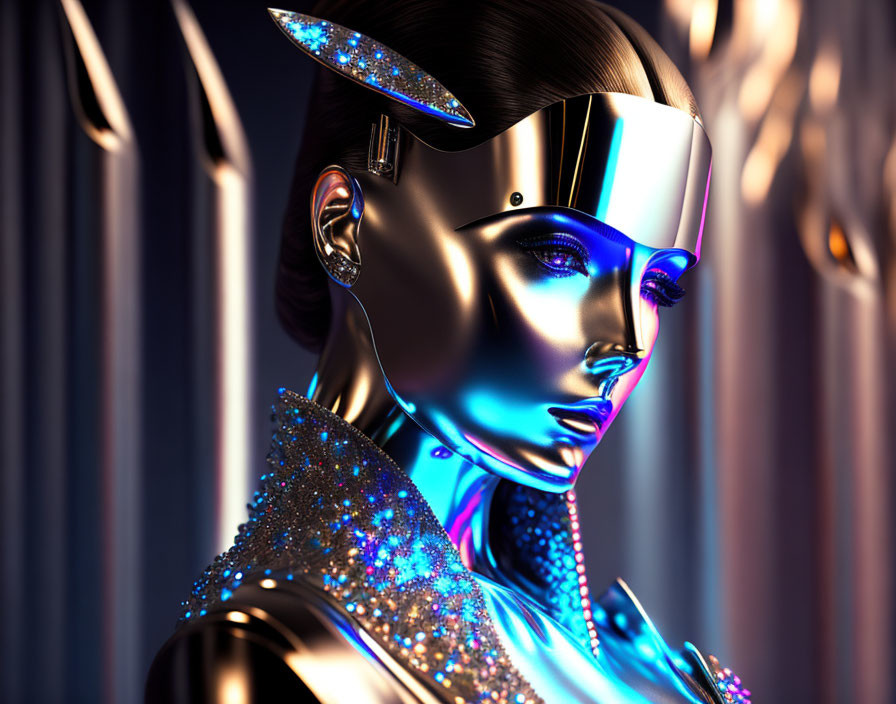 Futuristic Female Figure with Metallic Skin and Blue Accents