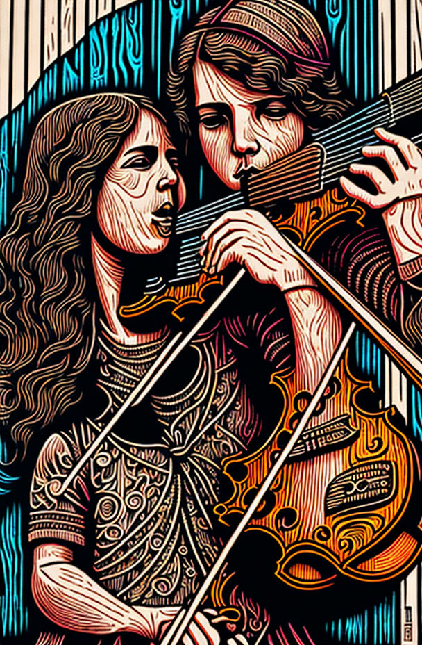 Illustration of two women playing violin and cello against vertical lines