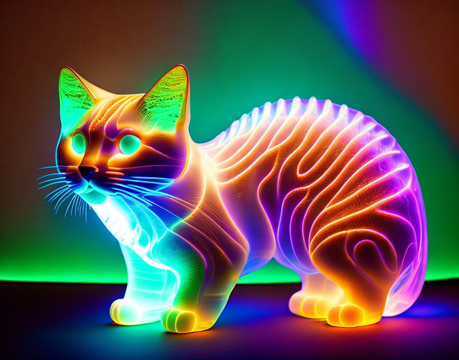 Colorful Digital Artwork: Neon Cat with Blue, Green, Orange, and Purple Glow