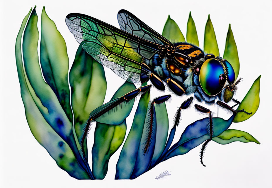 Colorful fly with shimmering wings on green leaves against white backdrop