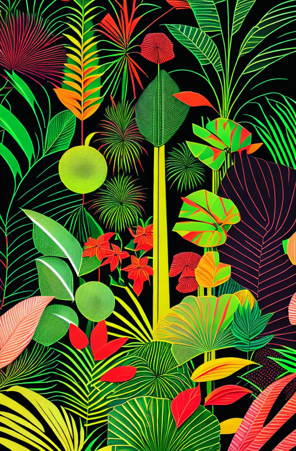 Colorful Neon Tropical Plant Pattern on Black Background