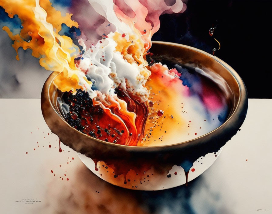 Colorful Watercolor Painting of Fiery Bowl with Dynamic Flames