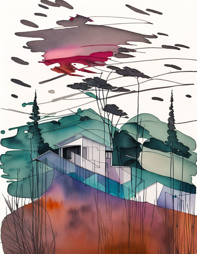 Colorful Abstract House and Trees Illustration with Watercolor Blots