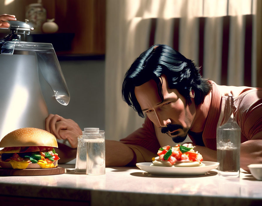 Person enjoying meal with burger, salad, and drinks in sunlit room