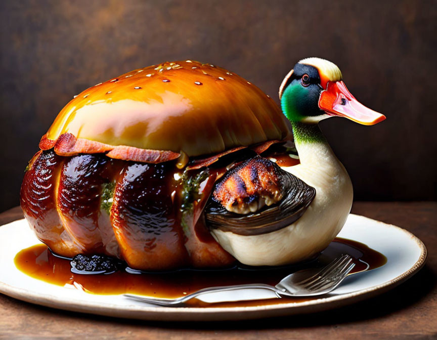 Duck with Turkey Body and Burger Bun Top on Plate