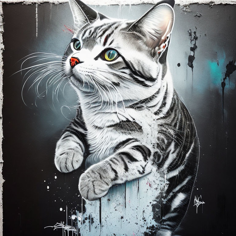 Detailed gray tabby cat painting with green eyes and black & white splashes.