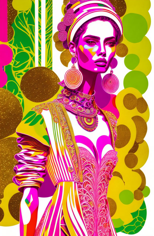 Colorful pop art illustration of a woman with bold fashion and makeup