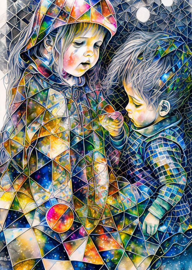 Children in cosmic-themed clothing against geometric background with glowing orb.