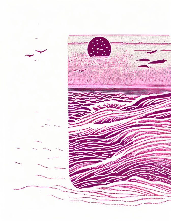 Stylized pink and purple seascape with waves, sun/moon, and birds