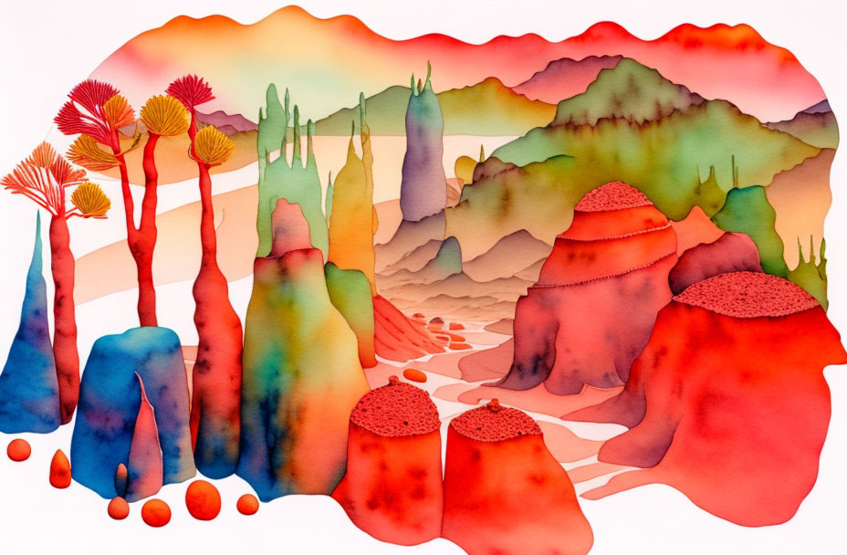 Colorful Watercolor Illustration of Whimsical Landscape: Mountains, Trees, and Rock Formations