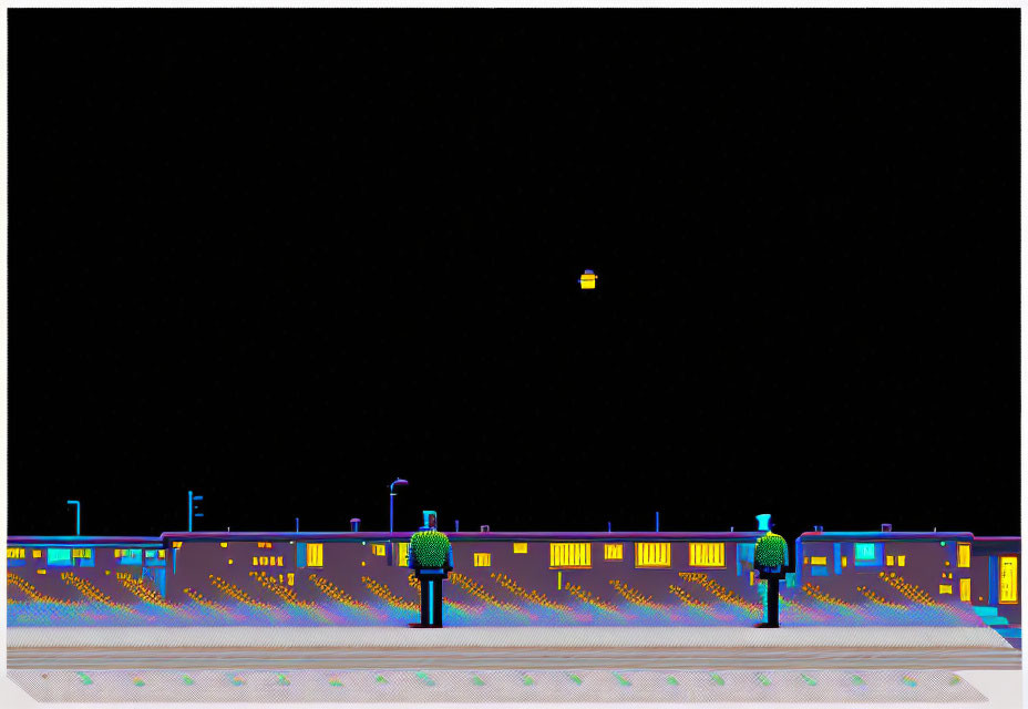 Pixelated night scene featuring low-resolution train station platform, benches, lamps, trees, and yellow block