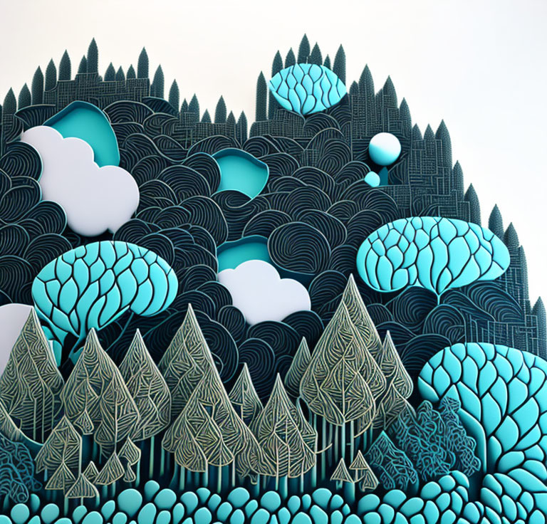 Stylized blue and teal landscape with intricate patterns