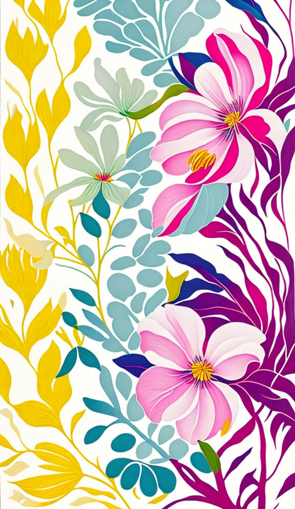 Colorful Floral Pattern with Pink, Blue, Yellow Flowers on White