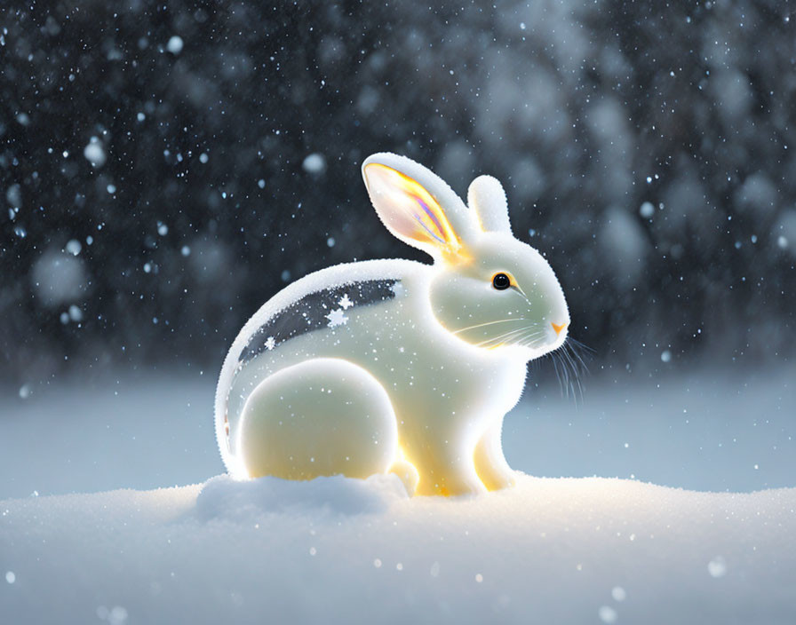 White Rabbit Digital Illustration in Snowfall with Glowing Edges