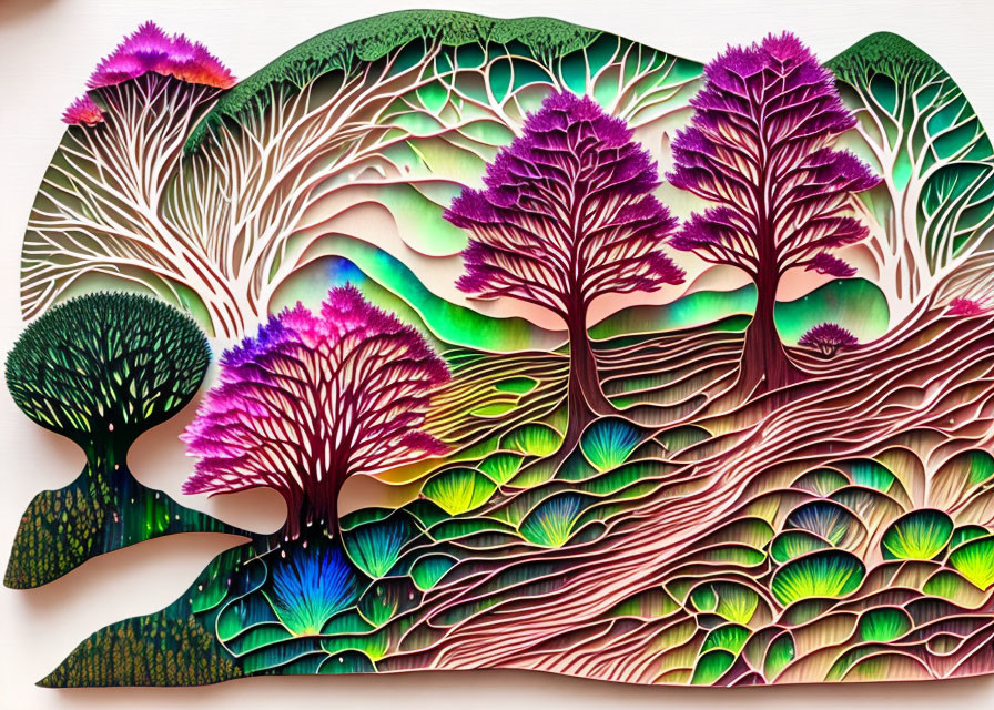 Colorful 3D paper art: Multi-colored forest with layered trees.