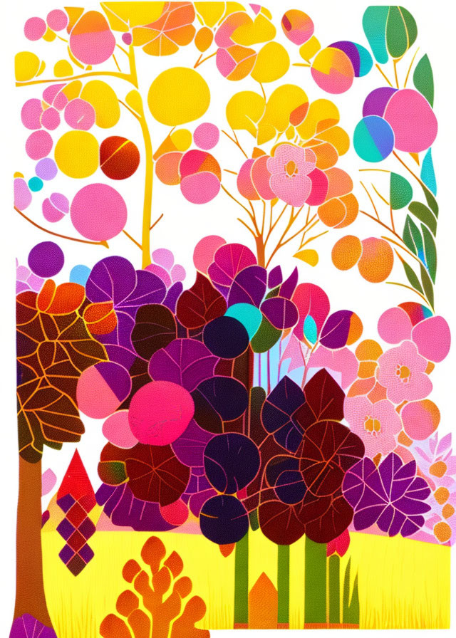 Colorful Abstract Forest Illustration in Pink, Purple, Yellow, and Green