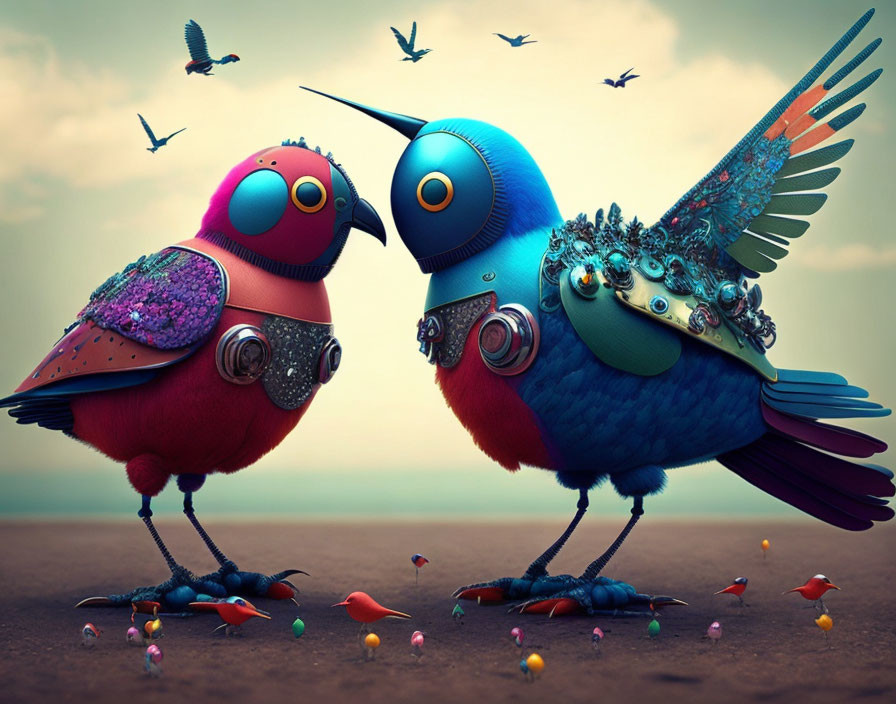 Colorful Mechanical Birds with Gears and Buttons Against Dusky Sky