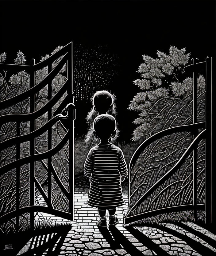 Monochrome illustration of child at night gate with glowing plants