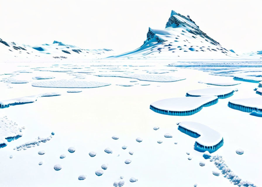 Snow-covered landscape with circular ice formations and distant mountain.