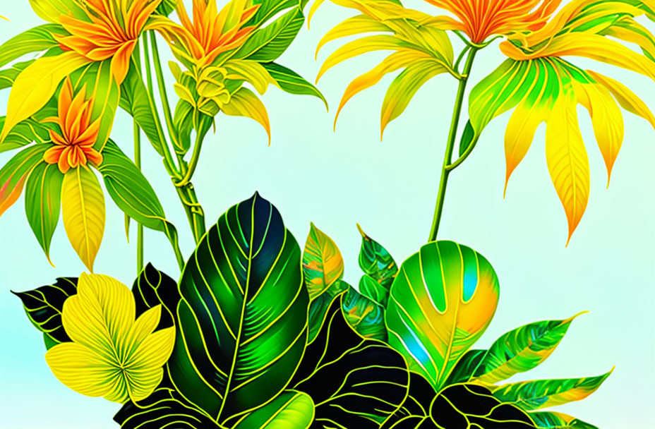 Exotic yellow flowers with green leaves on light blue background