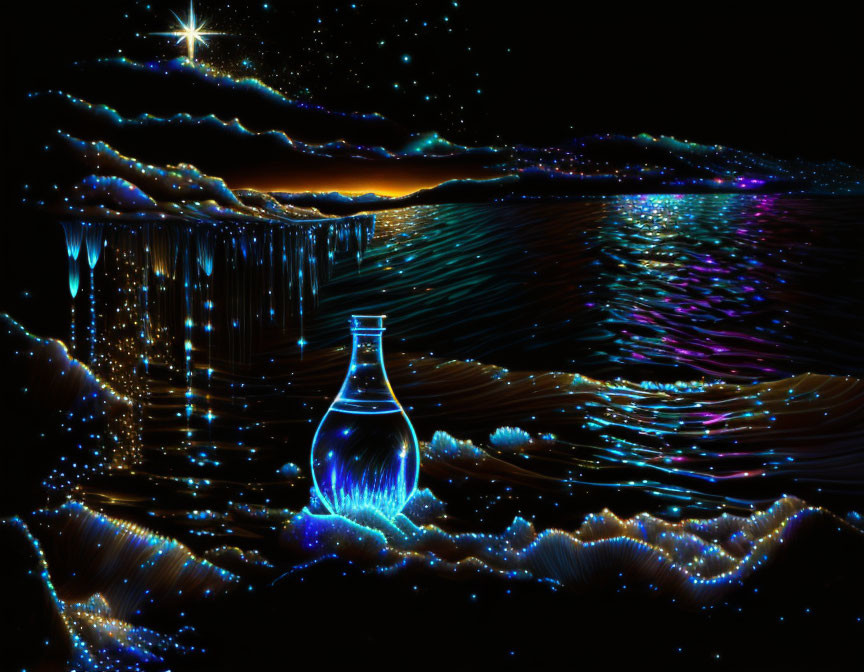 Luminous digital artwork: Glowing bottle in mystical landscape