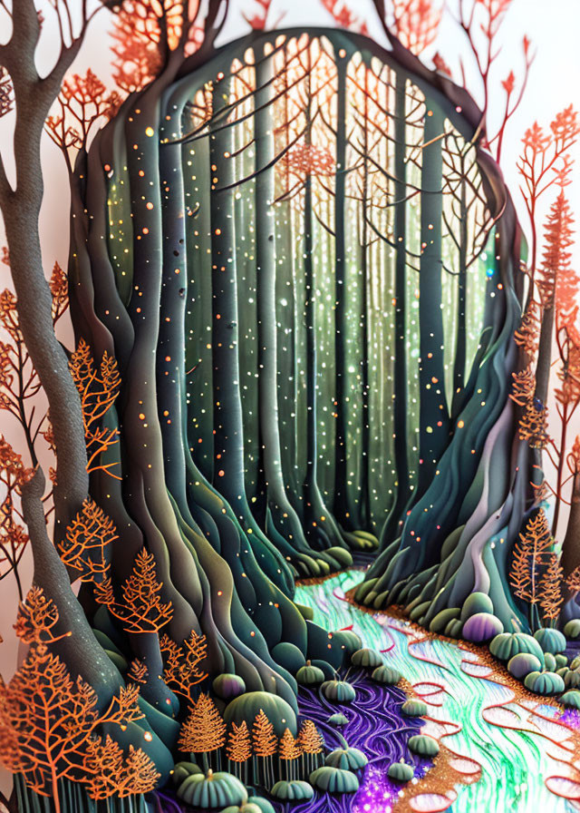 Colorful 3D artwork: Enchanted forest with glowing trees and mystical lights