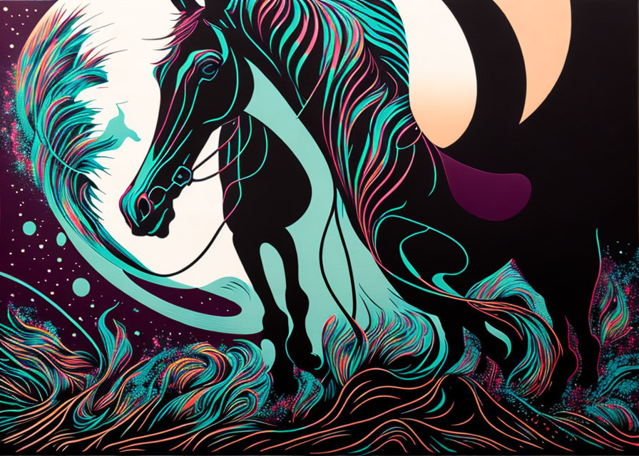 Colorful Horse Illustration with Celestial Theme