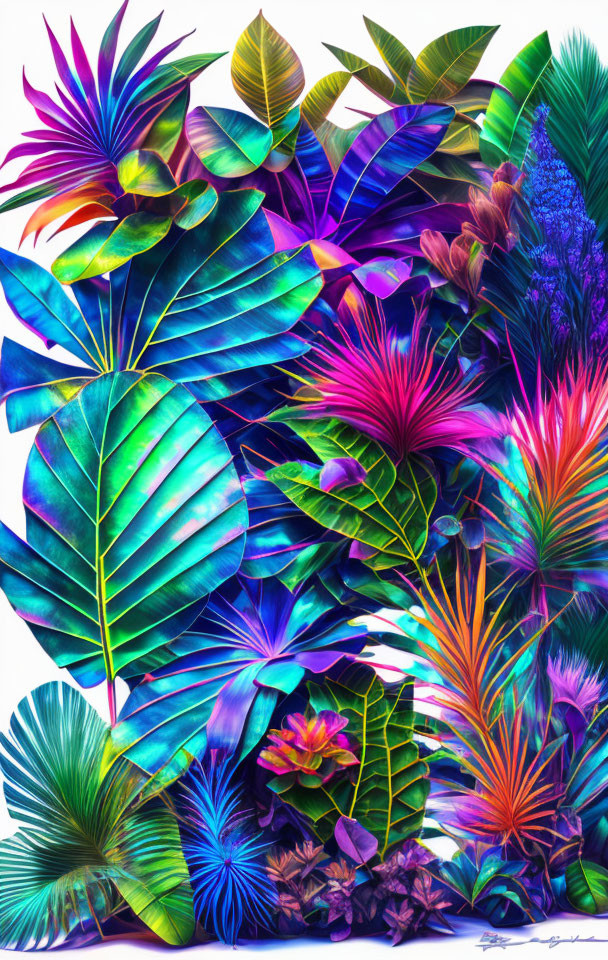 Colorful Tropical Plants Illustration with Vibrant Purples, Blues, Greens, and Pinks