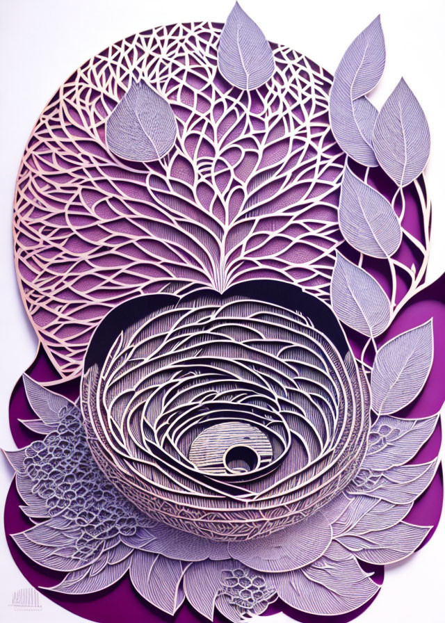 Layered Circular and Leaf Paper Art in Purple Tones