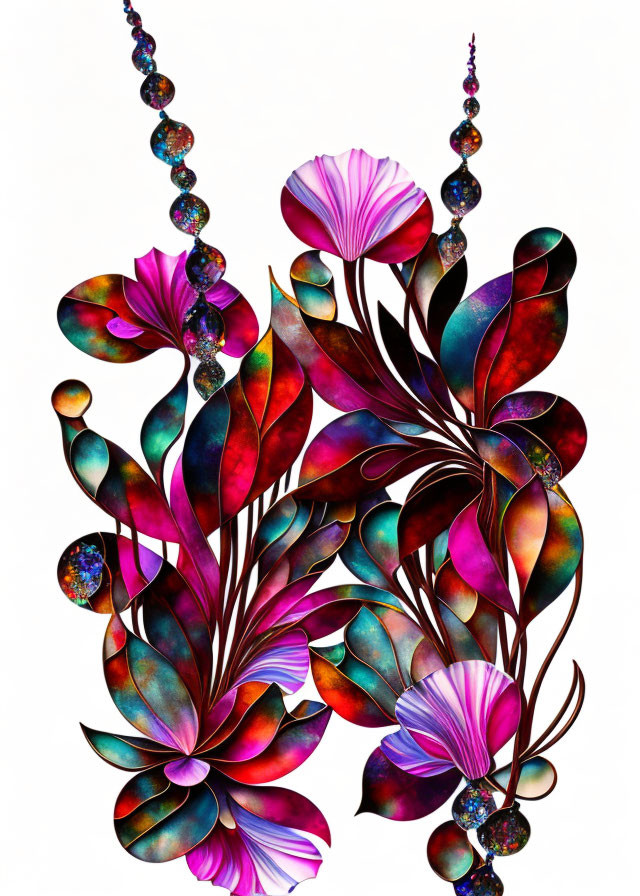 Colorful Flora Artwork with Iridescent Leaves and Beaded Elements