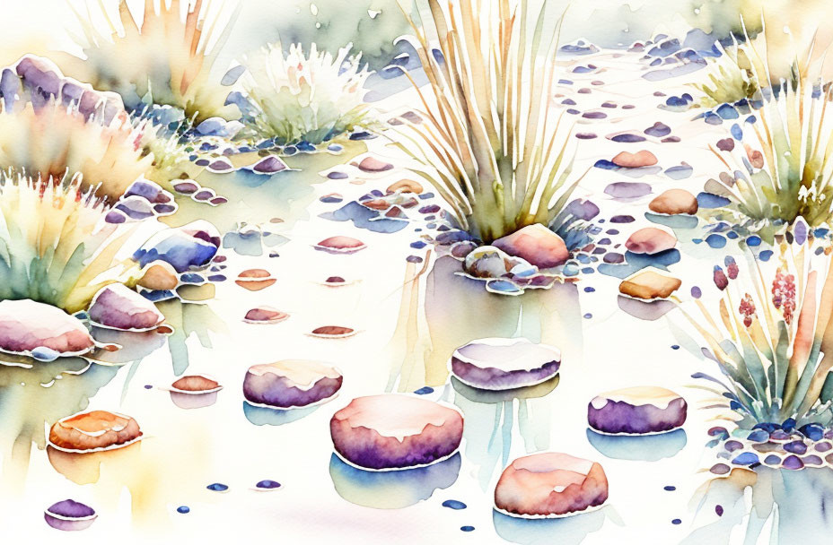 Serene pond with colorful stones and water ripples