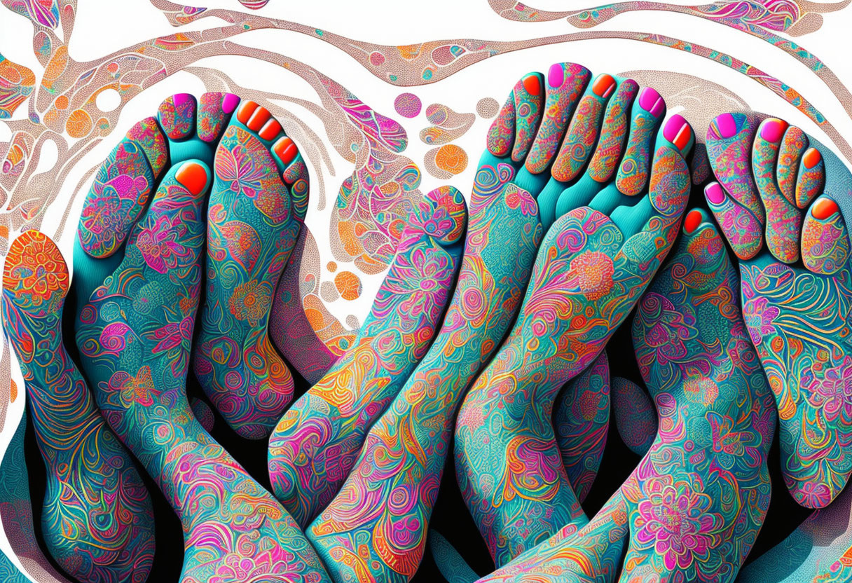 Vibrant Foot Artwork with Intricate Designs & Abstract Background