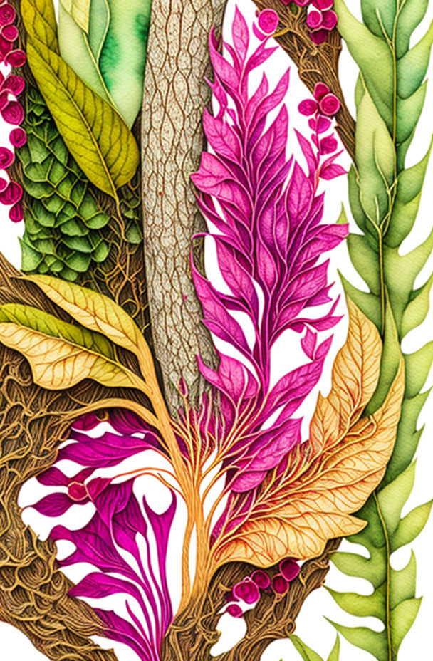 Detailed botanical illustration in vibrant purple, green, and brown hues