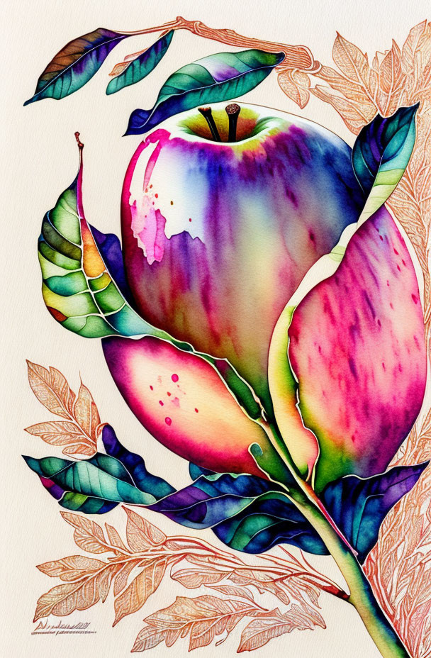 Detailed Watercolor Illustration of Vibrant Apple and Leaves