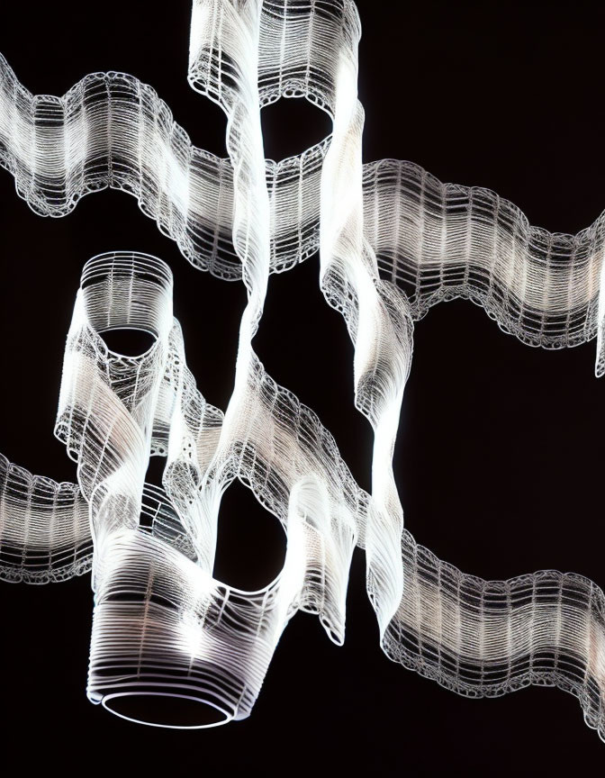 Abstract Light Installation with White Wave-Like Strips on Dark Background