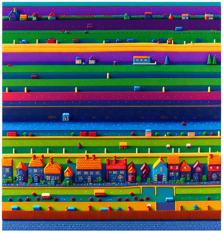 Vibrant, repetitive landscape with houses, trees, and trains in a patchwork style.