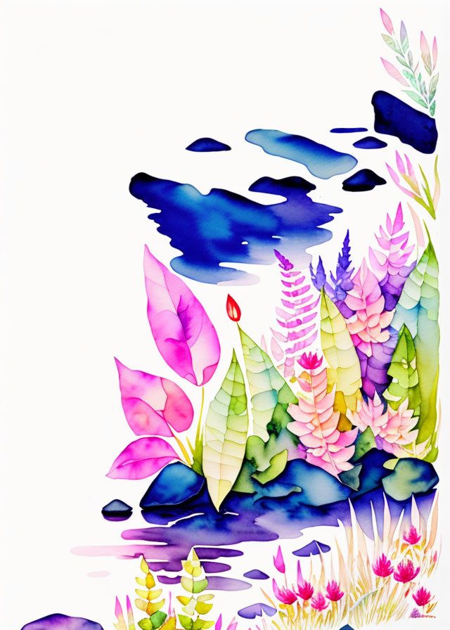 Vibrant botanical watercolor painting with pink and green hues, abstract blue water, and red fish