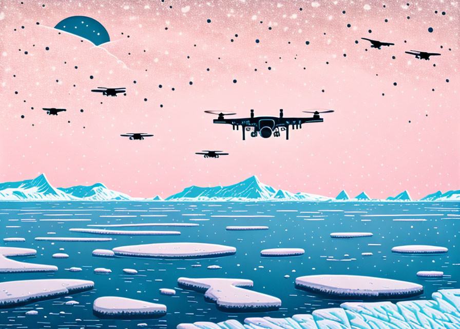 Illustration of drones over icy landscape with mountains and pink starry sky