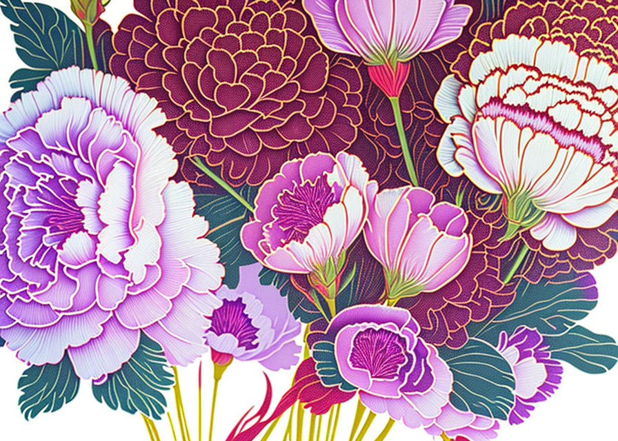 Colorful Floral Illustration with Purple, Pink, and Maroon Flowers