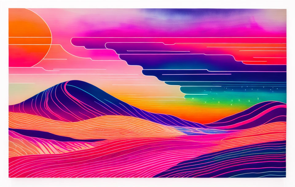 Colorful Stylized Neon Landscape with Abstract Sun and Gradient Sky