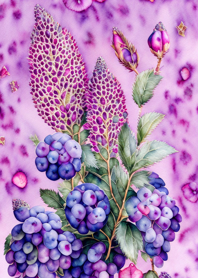 Colorful Watercolor Illustration of Grape Clusters and Foxglove Flowers