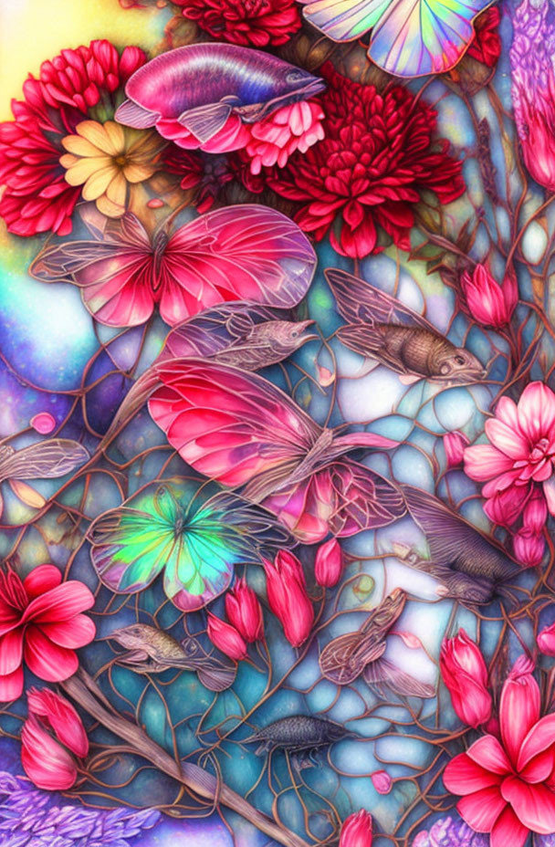 Colorful Floral and Fauna Artwork with Birds and Fishes